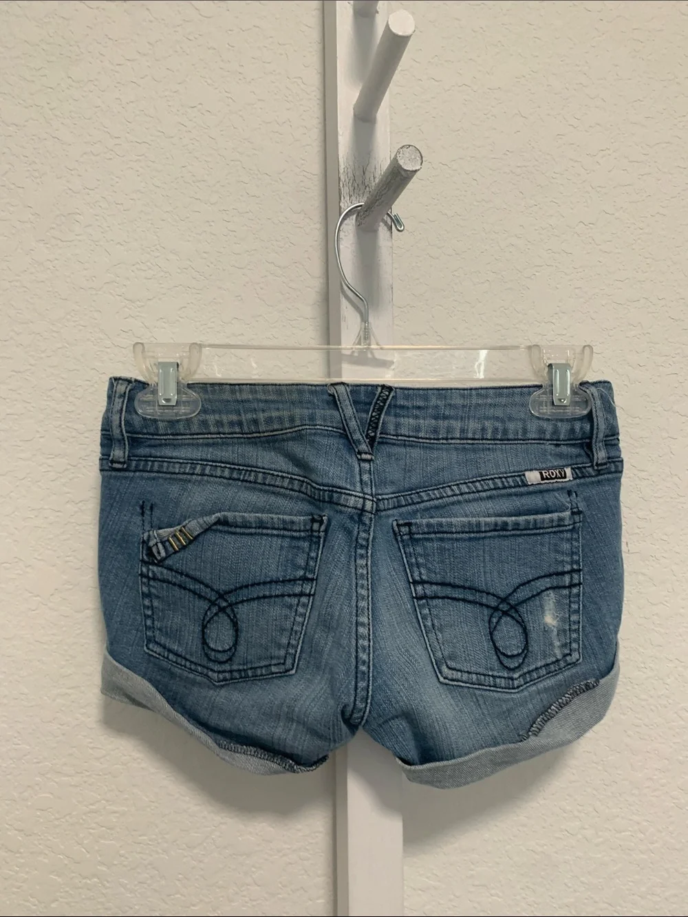 Y2K Roxy Low Rise Cuffed Distressed Blue Denim Shorts